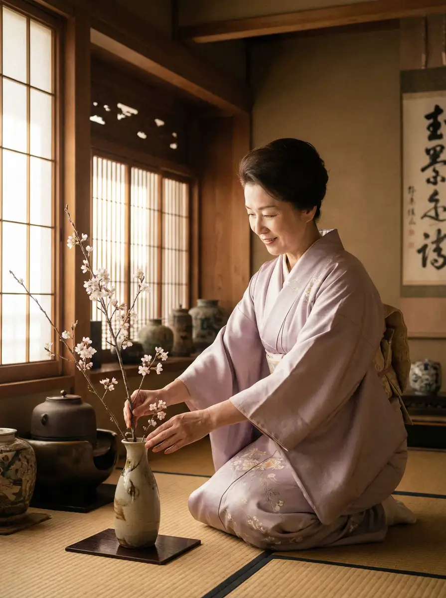 一位优雅的 美女网站 在和室中插花
